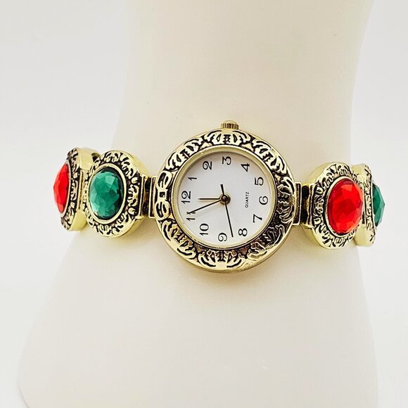 Gold-Tone Gemstone Stretch Watch Bracelet – Red & Green Statement Watch
